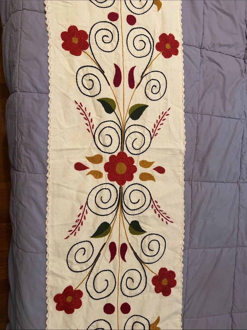 Embroidered Floral Table Runner - Cream with Red and Green Accents 57x16 inches